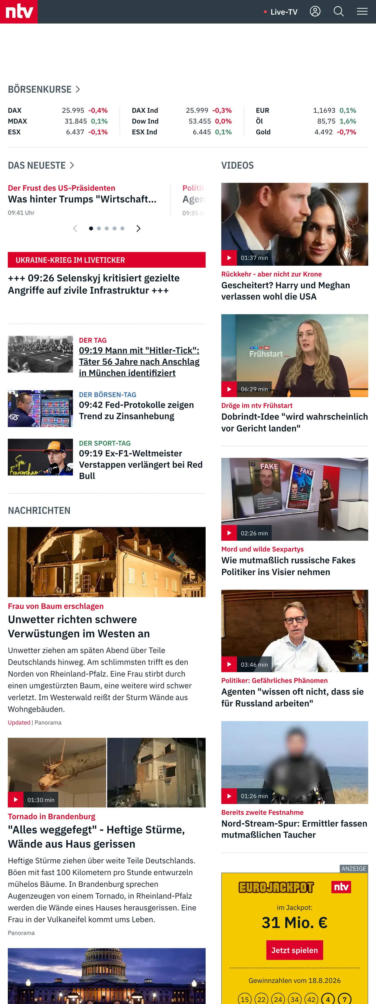 Screenshot of the n-tv front page