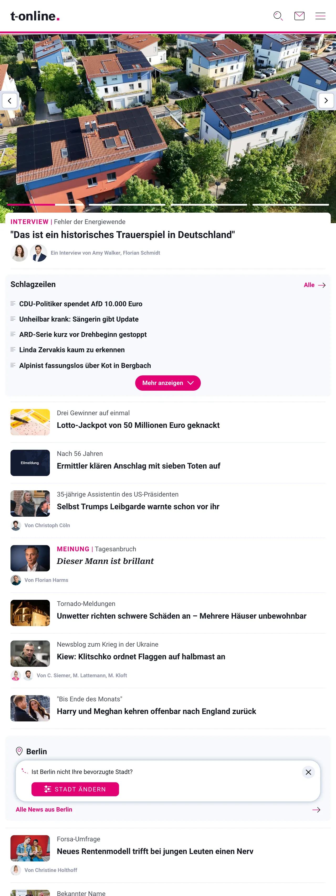 Screenshot of the t-online front page