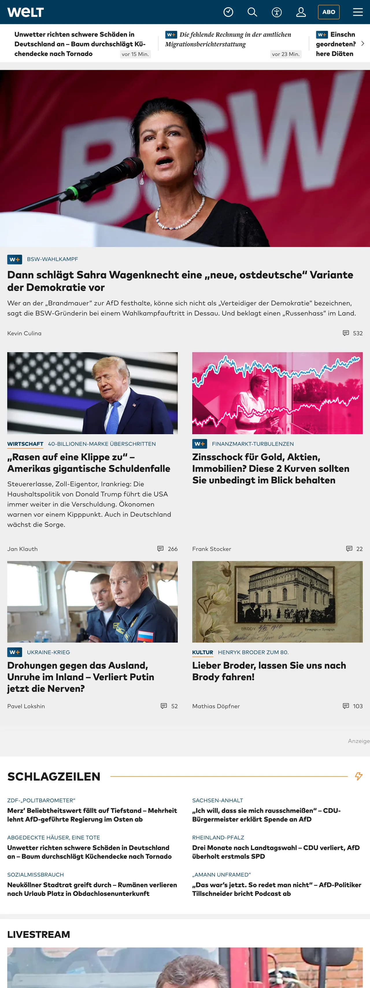 Screenshot of the WELT front page