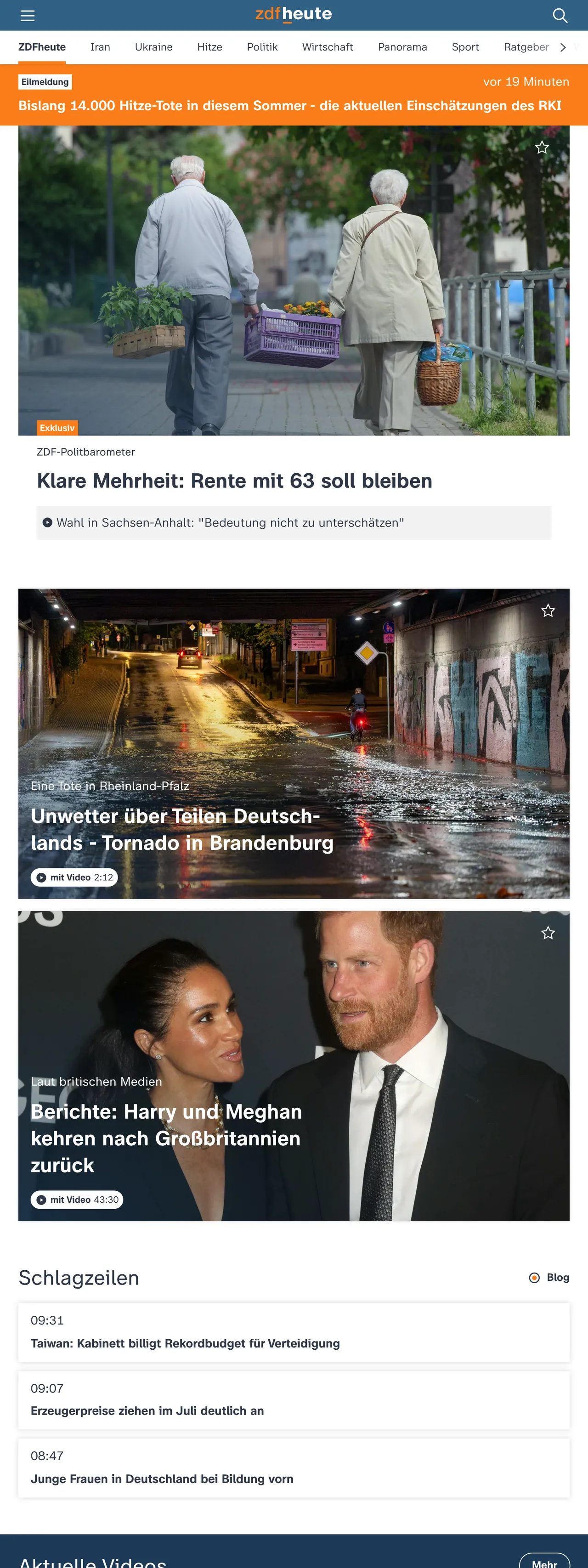 Screenshot of the ZDFheute front page