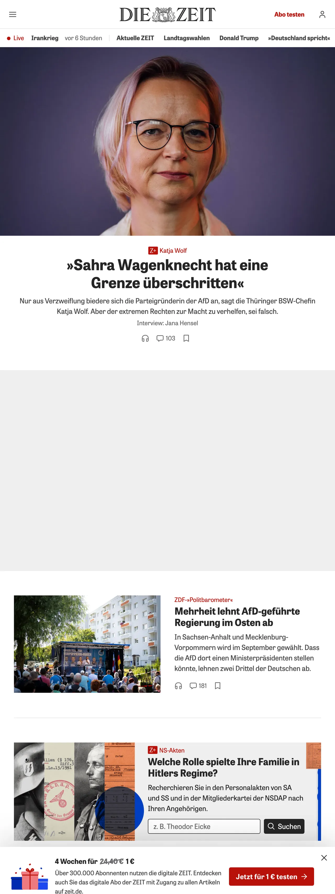 Screenshot of the ZEIT ONLINE front page