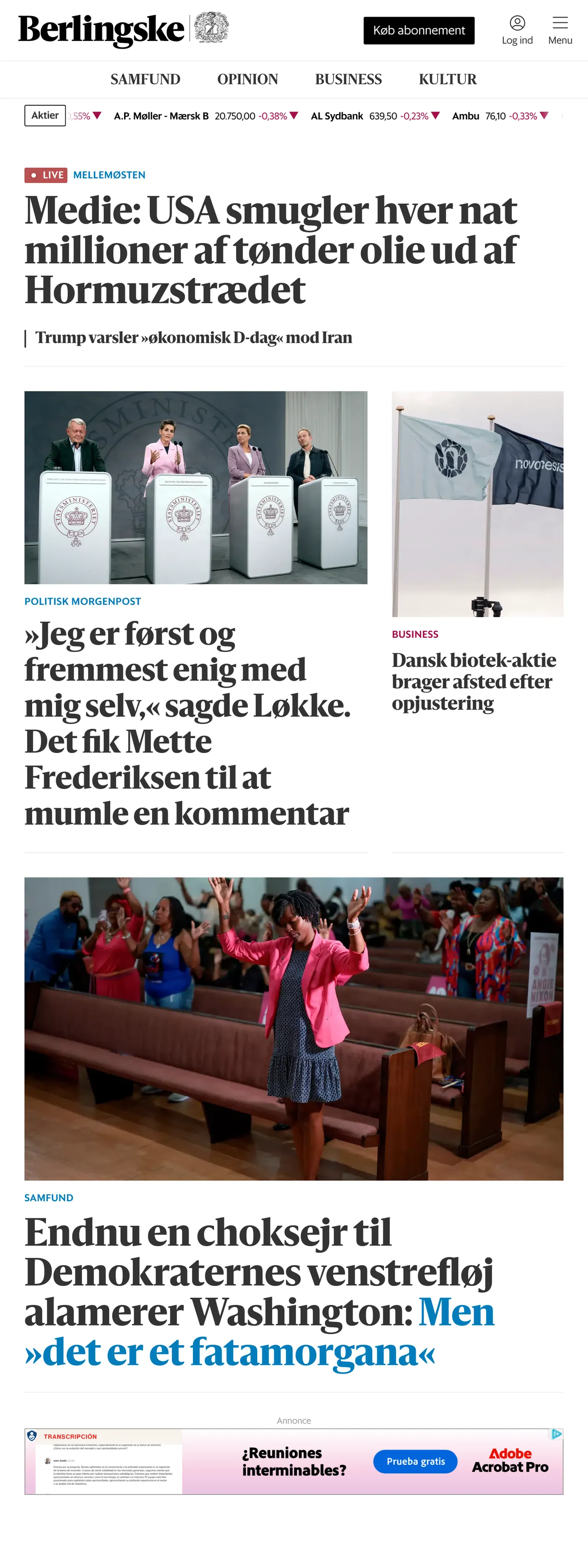 Screenshot of the Berlingske front page