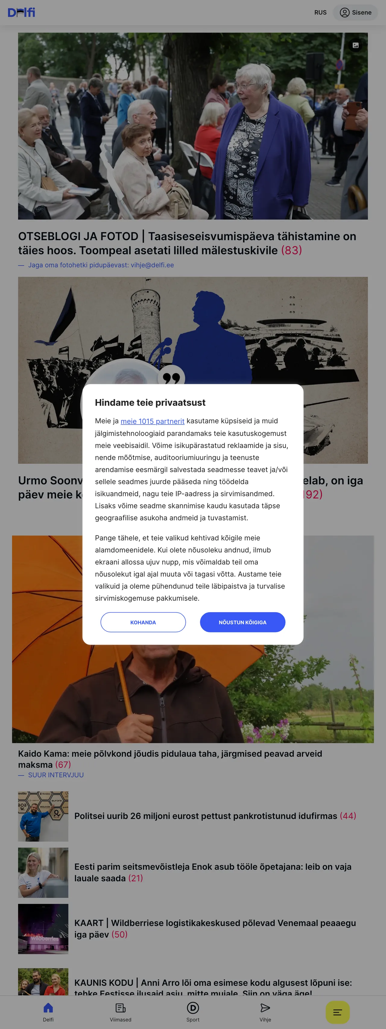 Screenshot of the Delfi front page