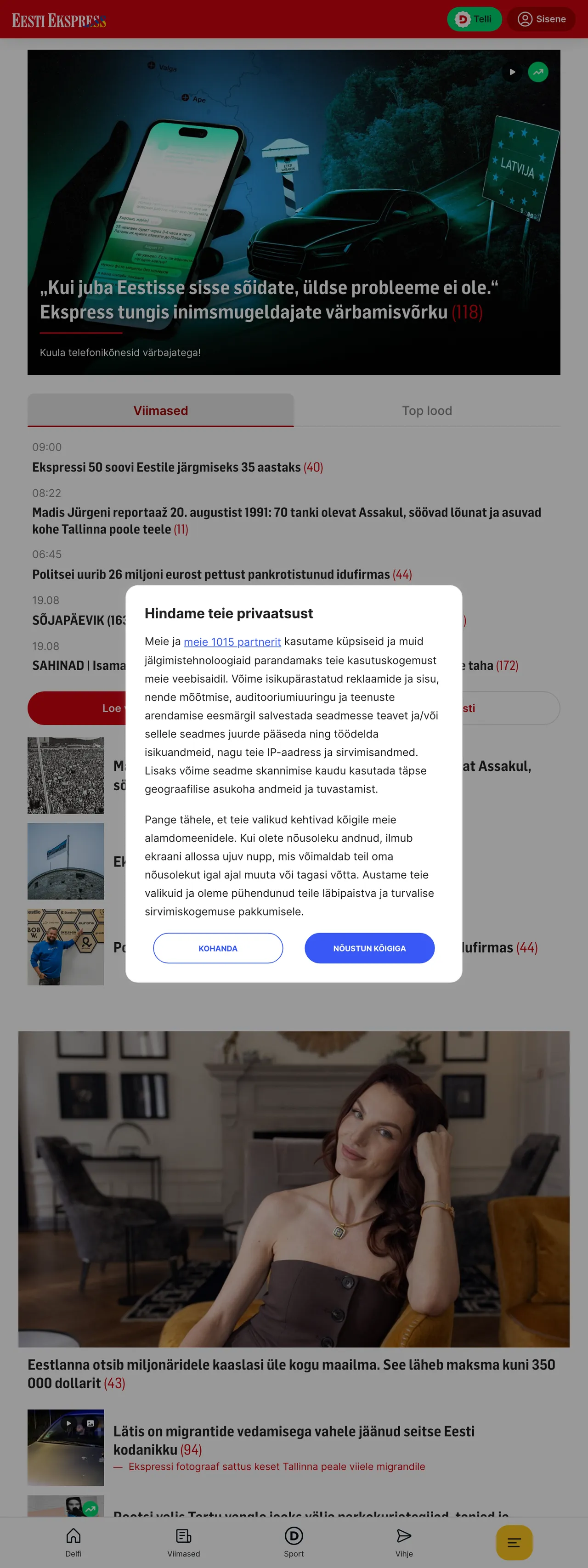 Screenshot of the Eesti Ekspress front page