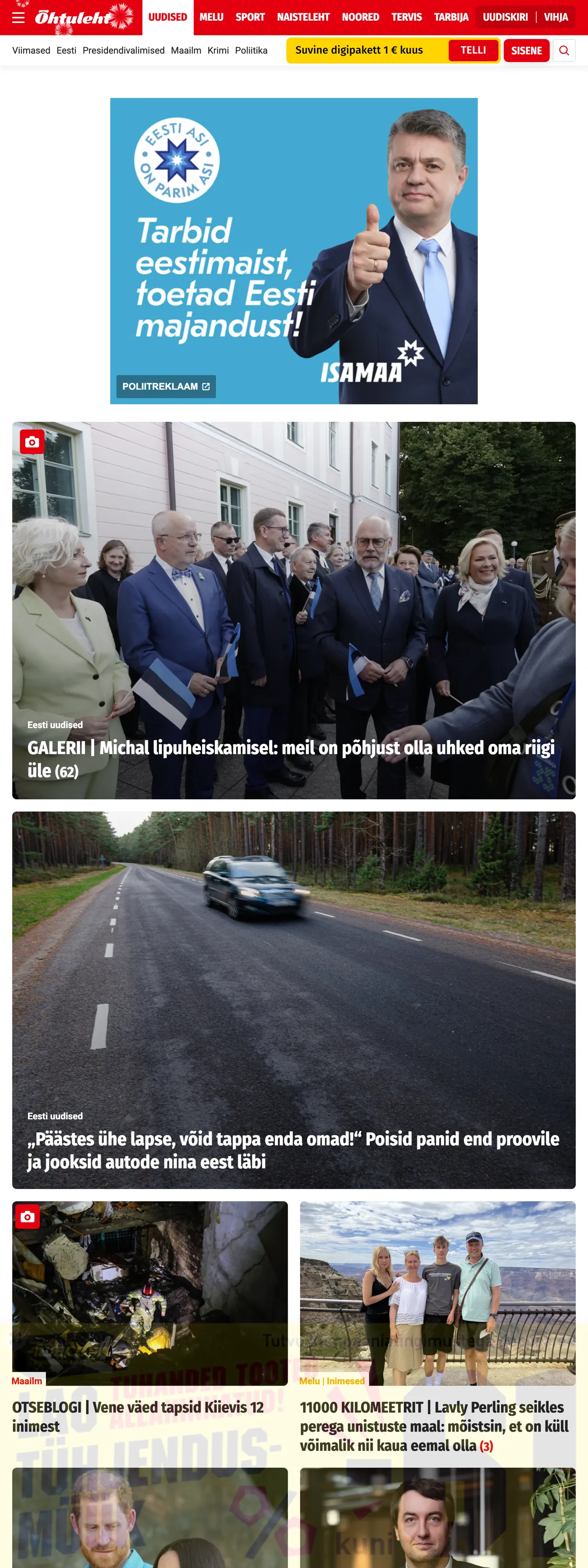 Screenshot of the Õhtuleht front page