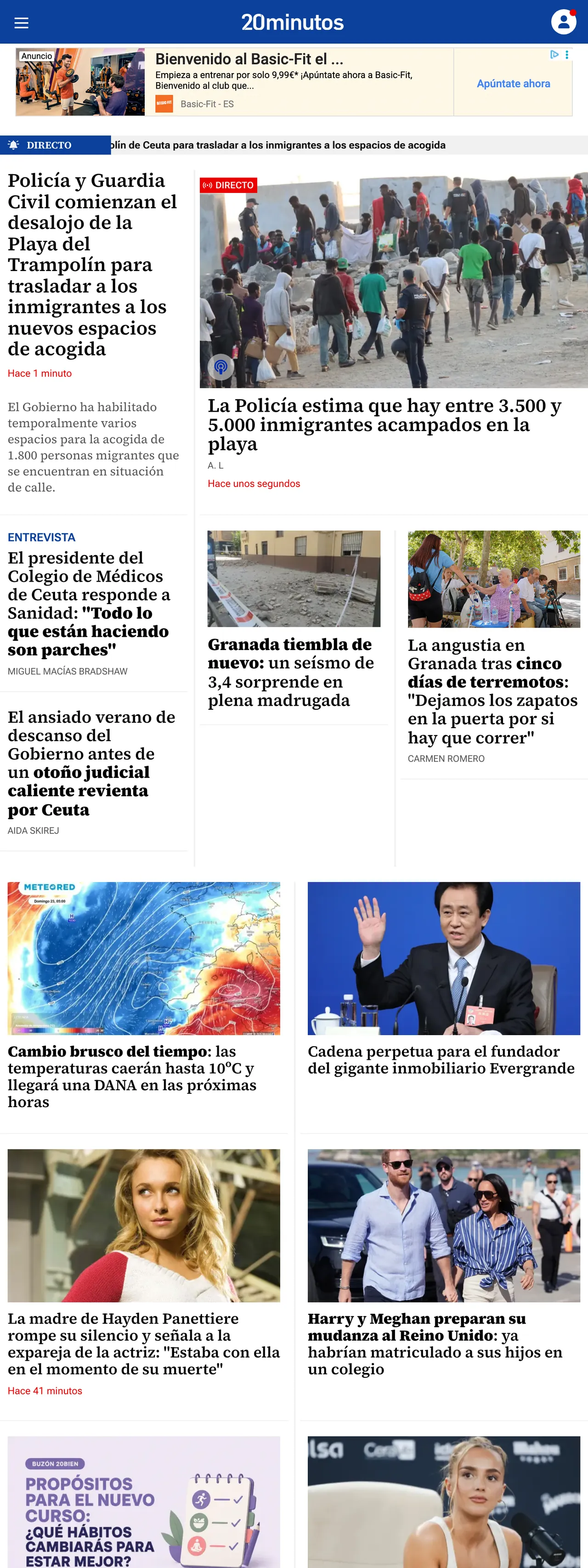 Screenshot of the 20minutos front page