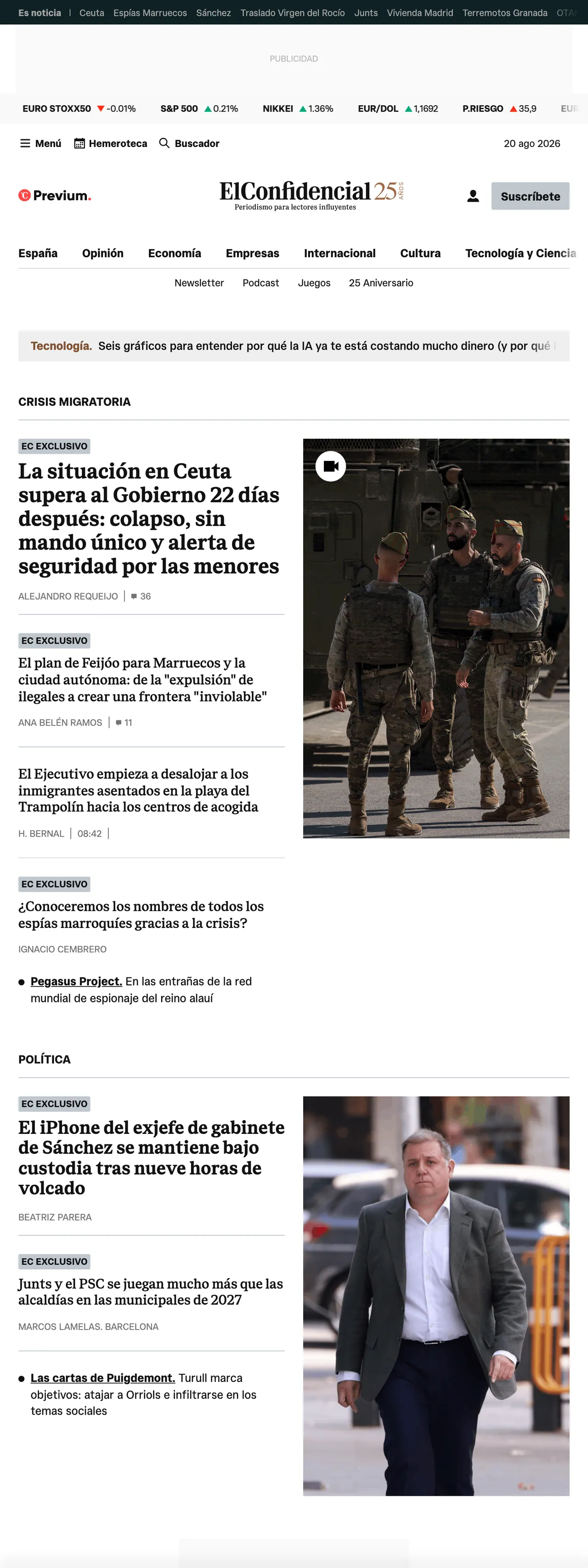 Screenshot of the El Confidencial front page