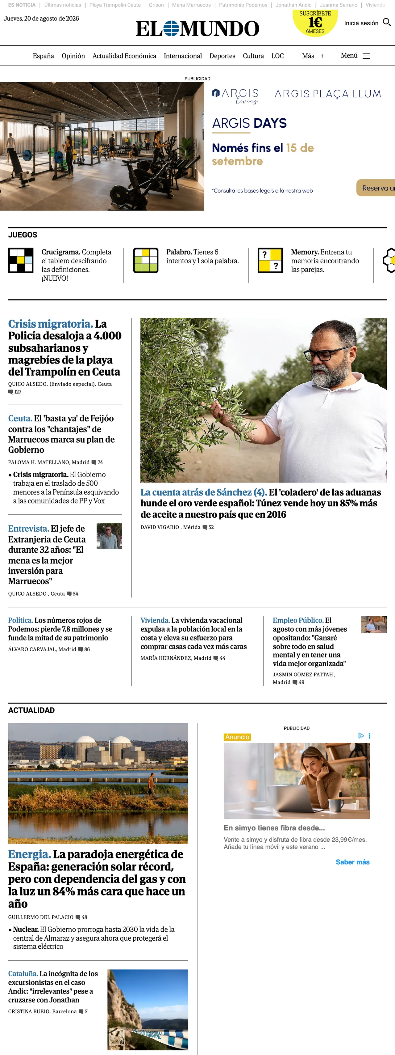 Screenshot of the El Mundo front page