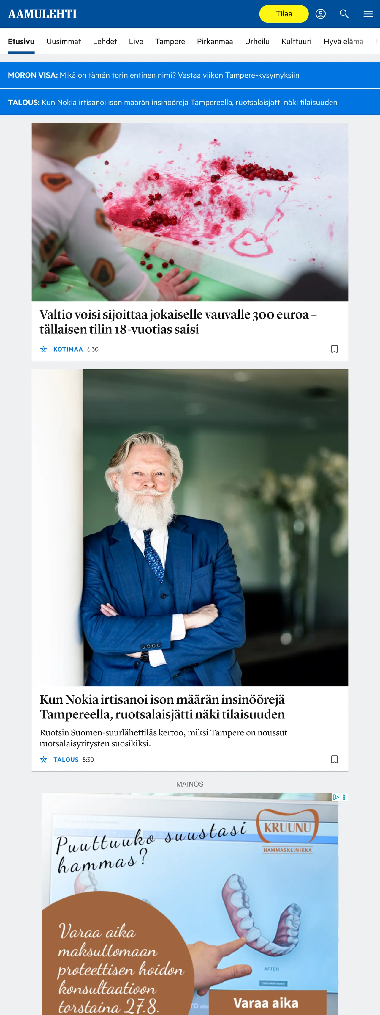 Screenshot of the Aamulehti front page