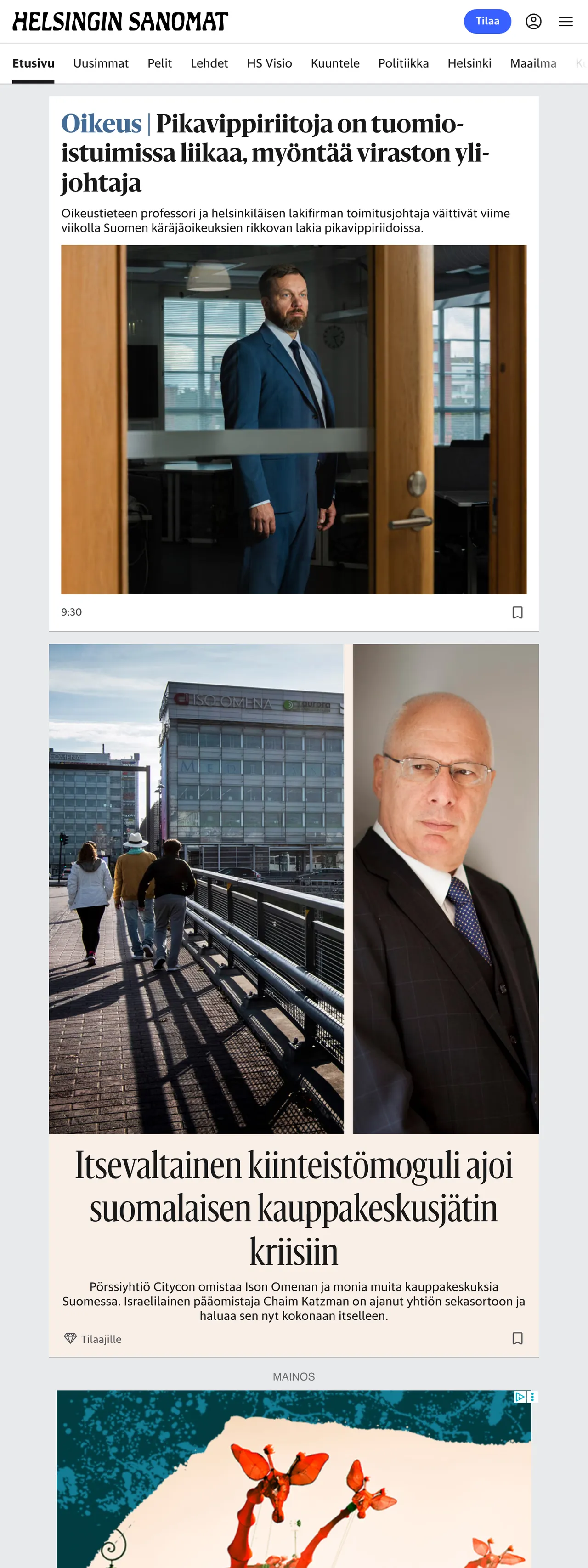 Screenshot of the Helsingin Sanomat front page