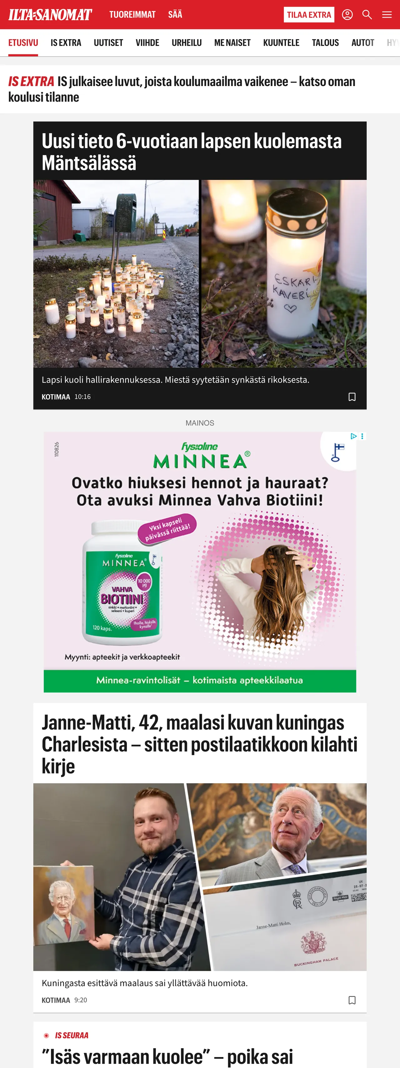Screenshot of the Ilta-Sanomat front page