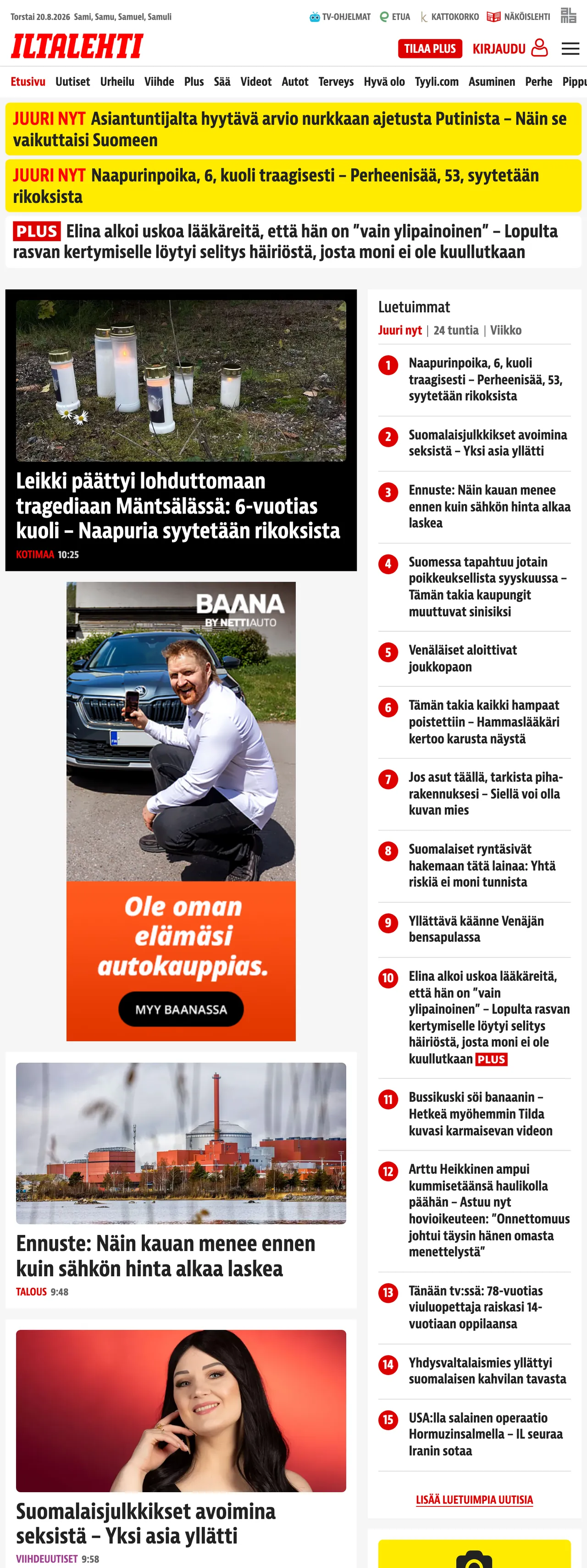Screenshot of the Iltalehti front page