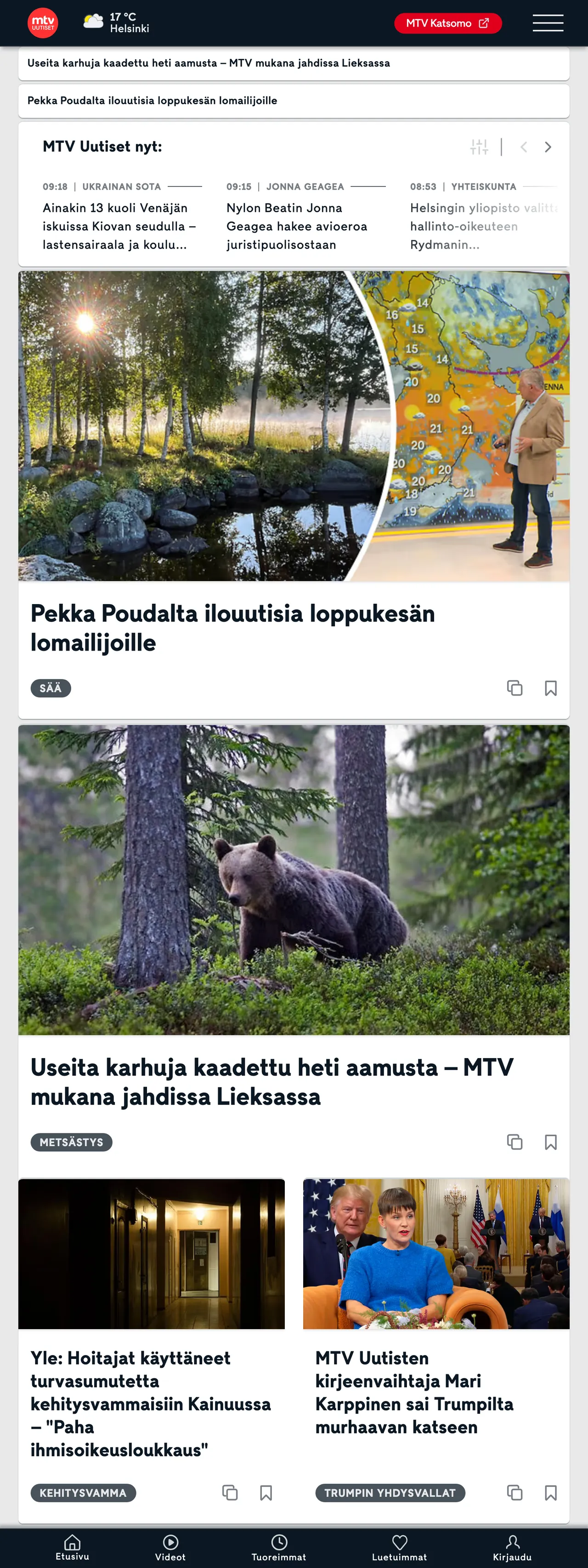 Screenshot of the MTV Uutiset front page