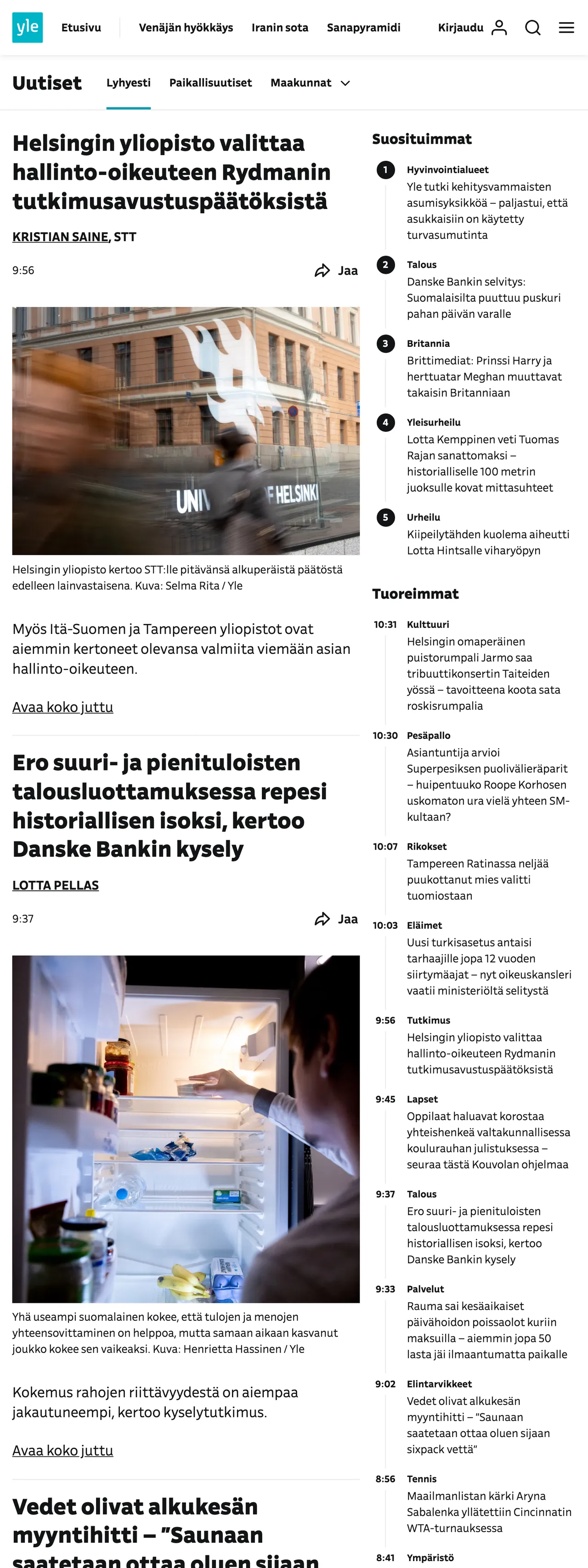 Screenshot of the Yle front page