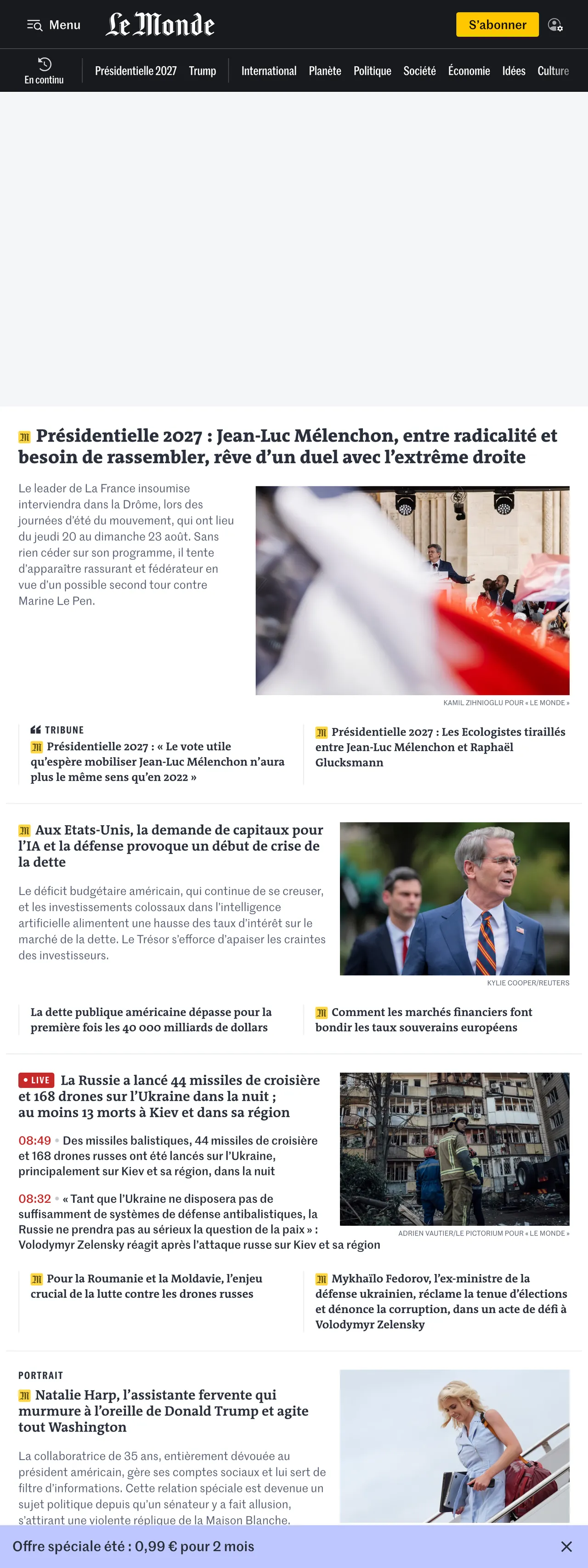 Screenshot of the Le Monde front page