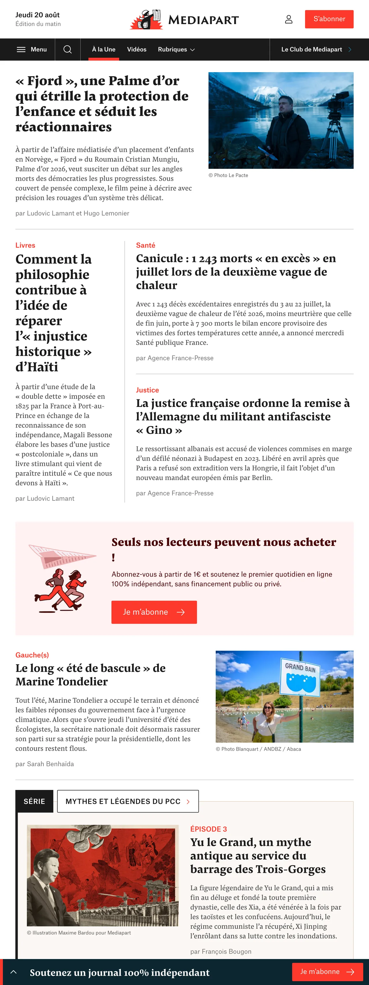 Screenshot of the Mediapart front page