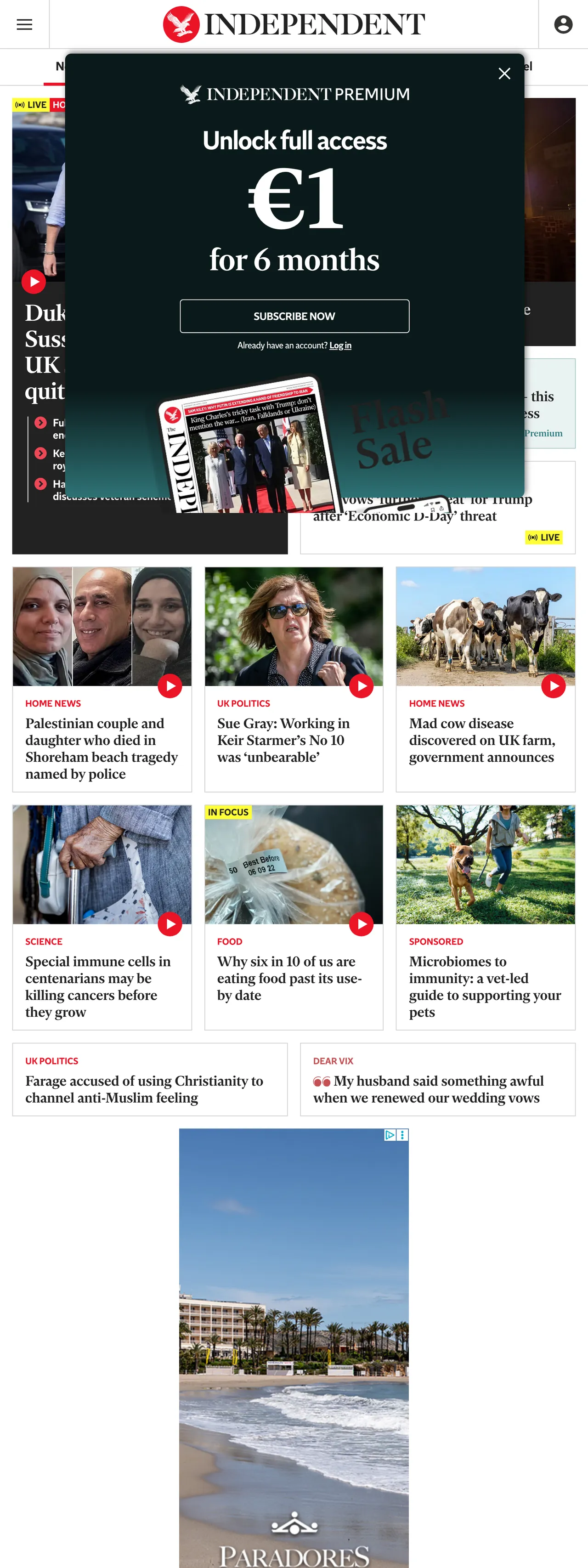 Screenshot of the The Independent front page