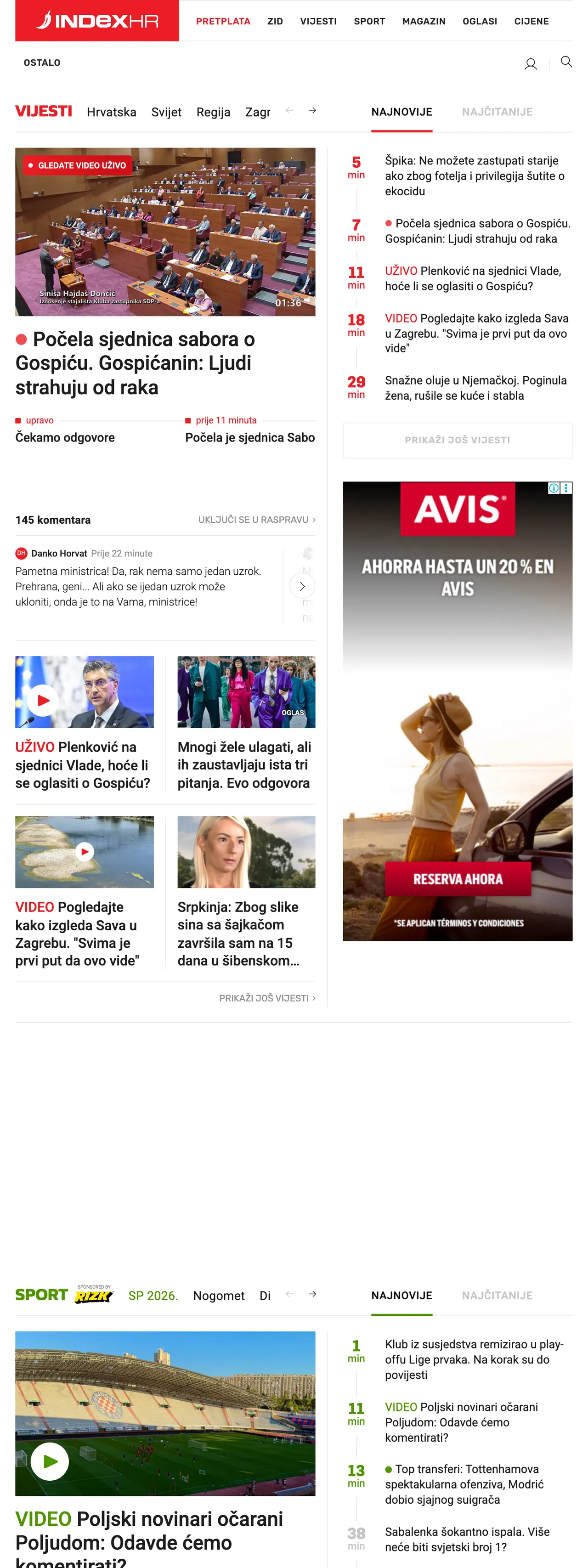 Screenshot of the Index.hr front page