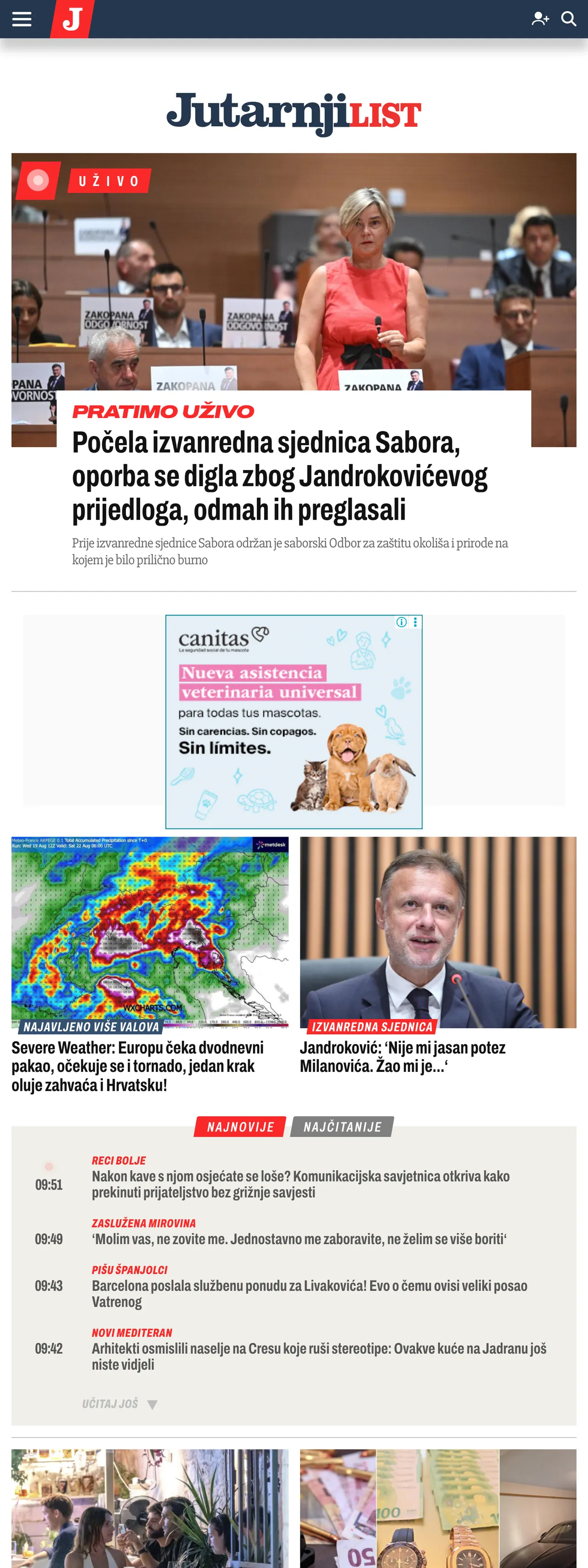 Screenshot of the Jutarnji list front page