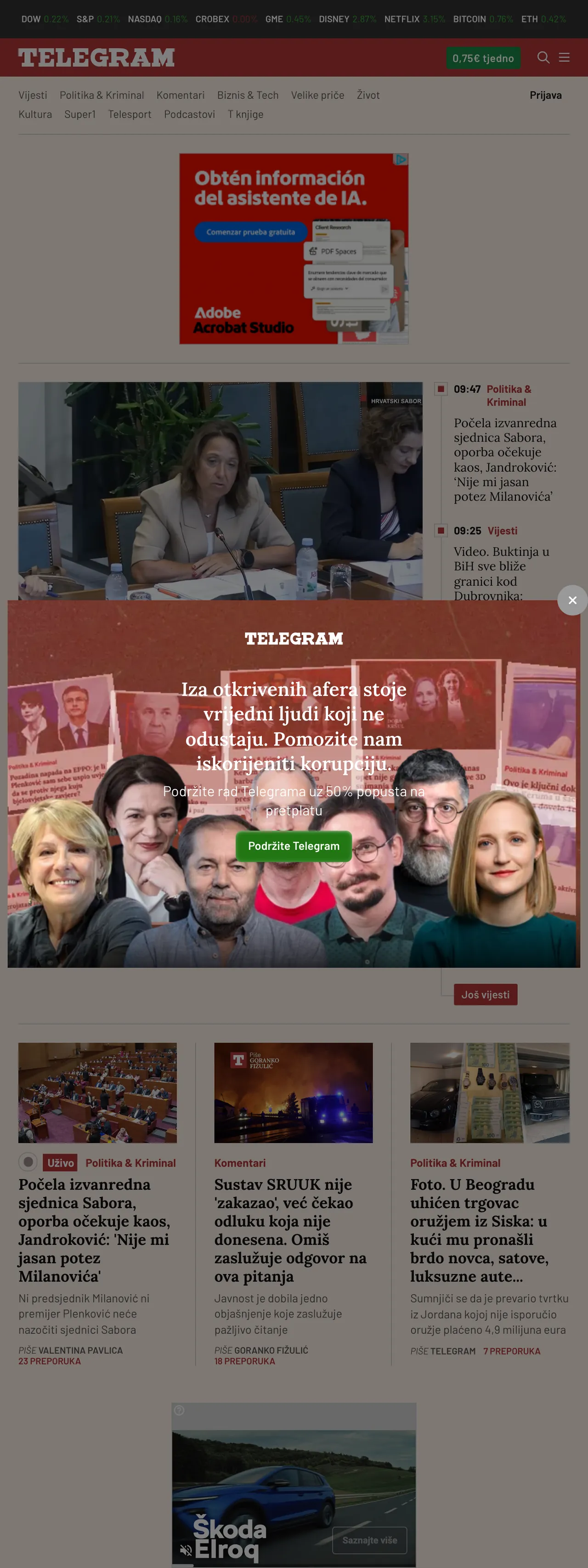Screenshot of the Telegram.hr front page