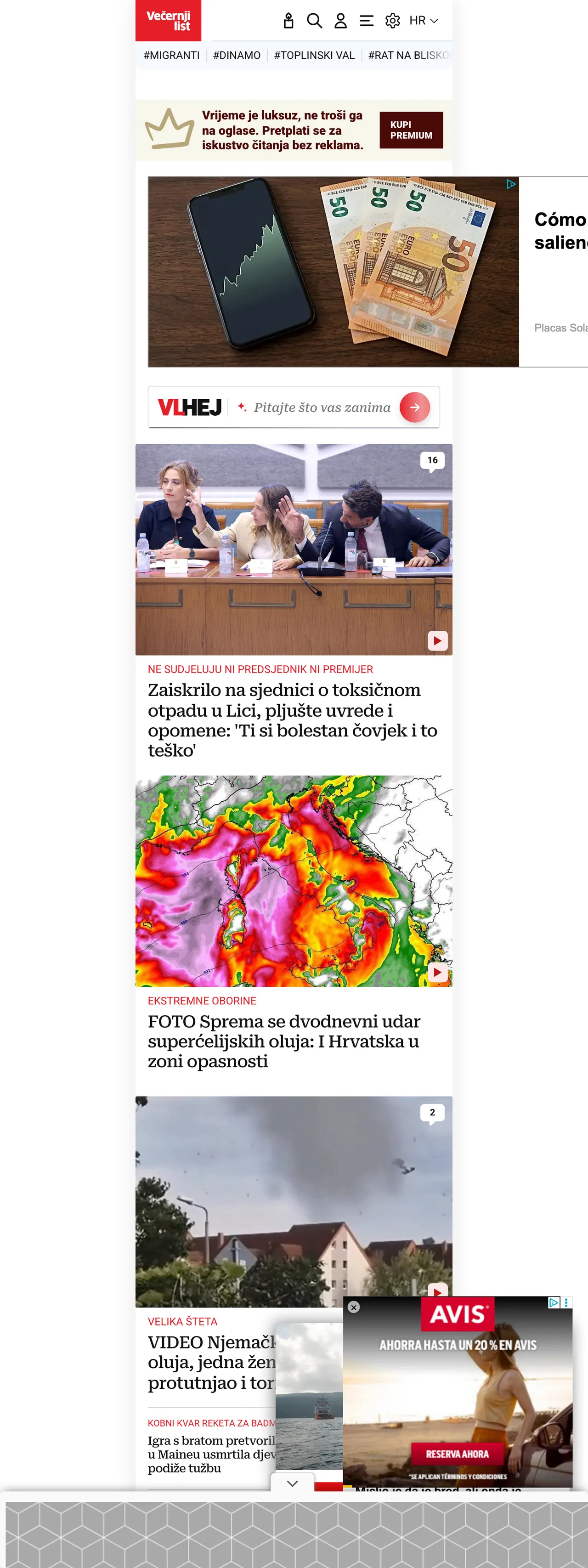 Screenshot of the Večernji list front page