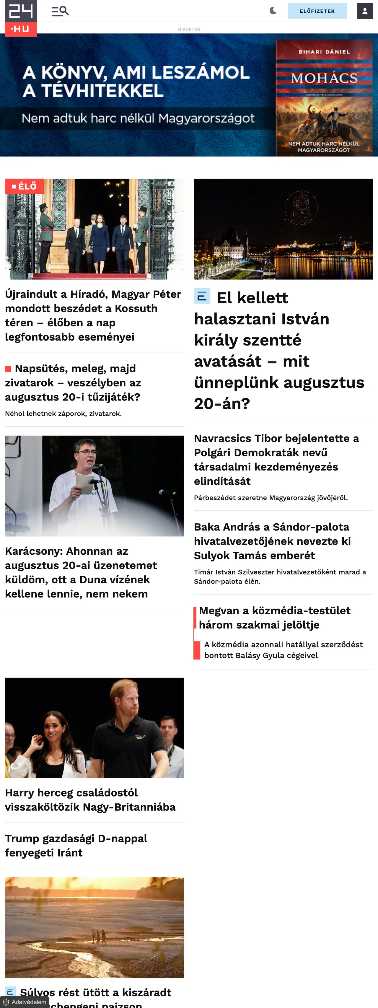 Screenshot of the 24.hu front page