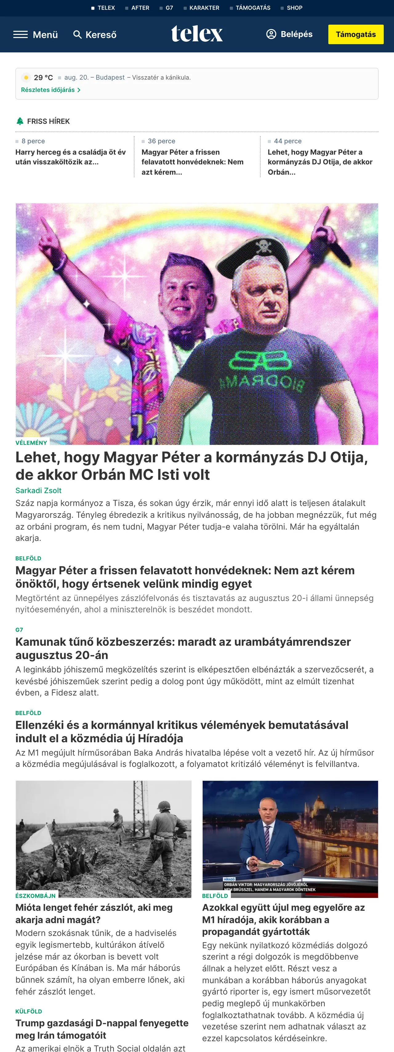 Screenshot of the Telex front page