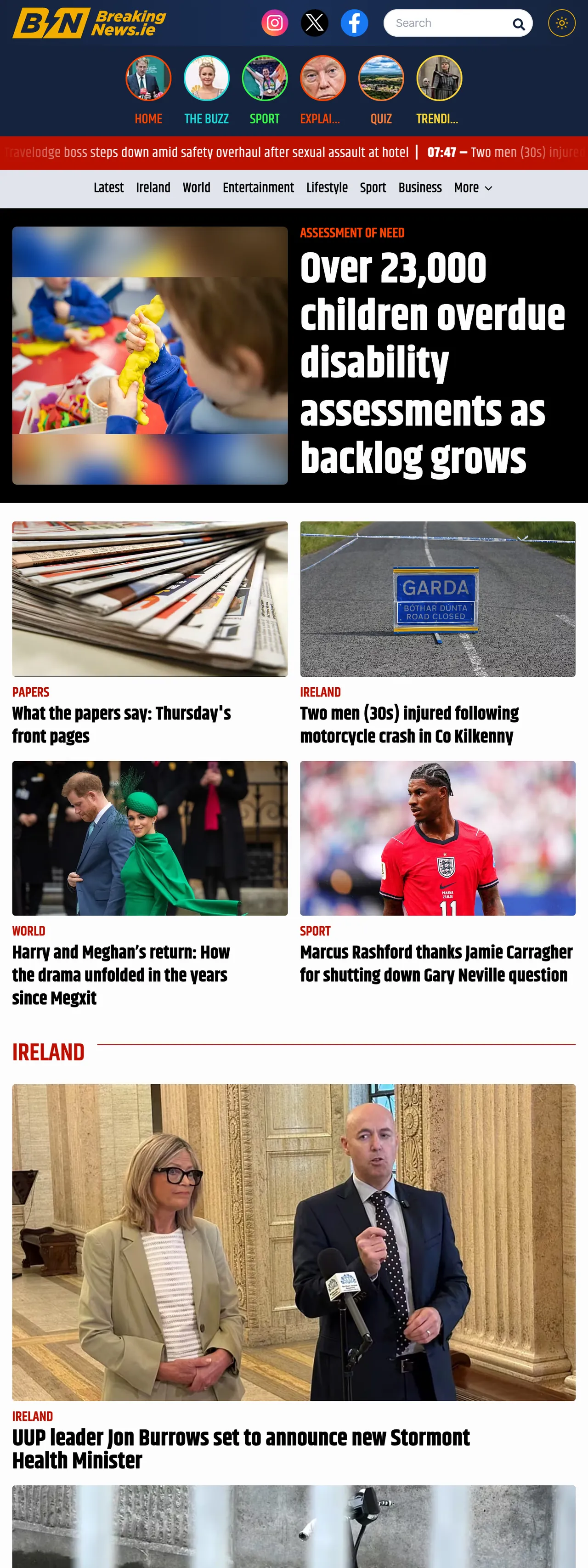 Screenshot of the BreakingNews.ie front page