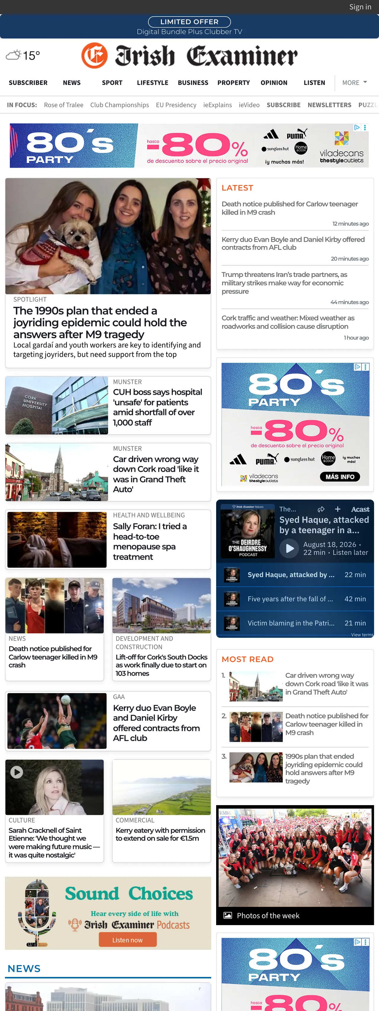 Screenshot of the Irish Examiner front page