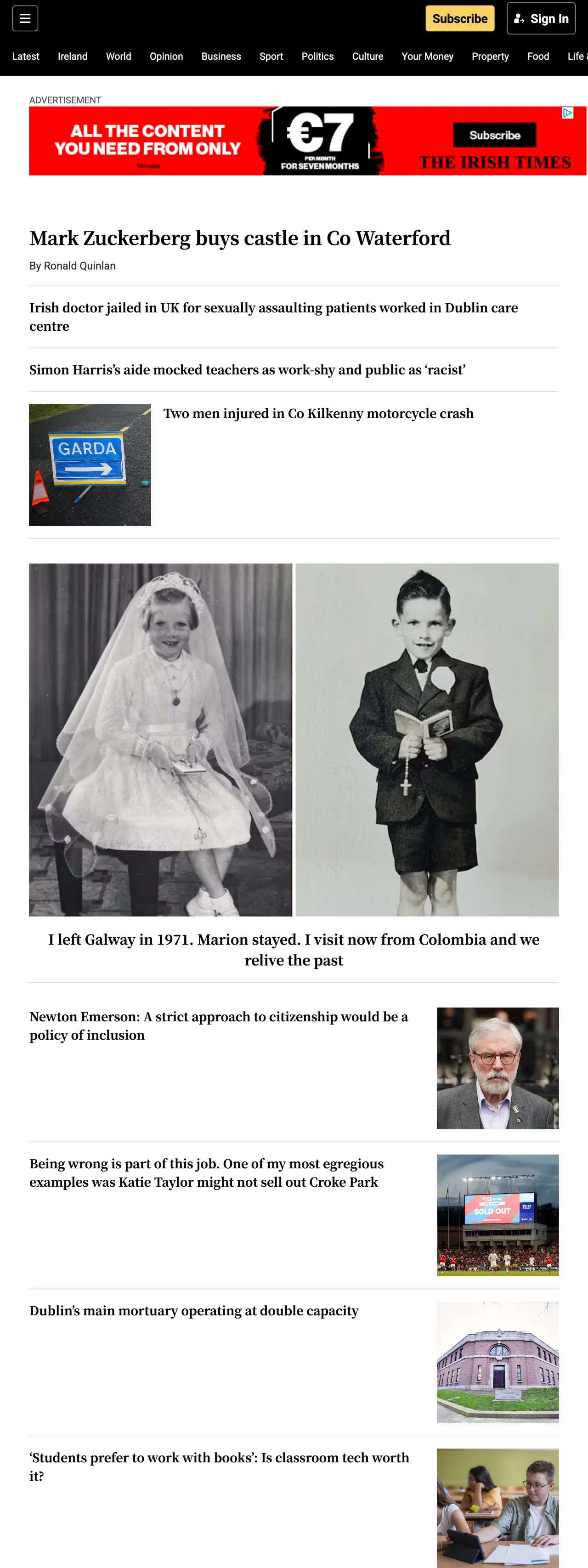 Screenshot of the The Irish Times front page
