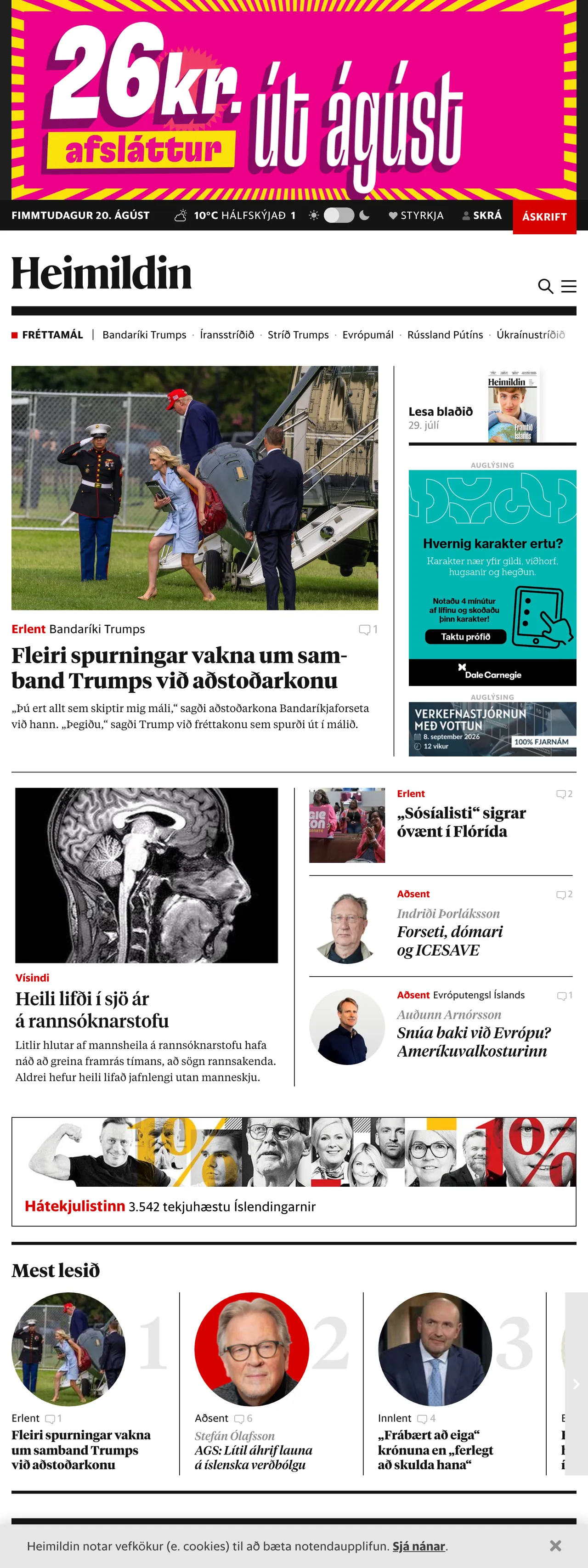Screenshot of the Heimildin front page