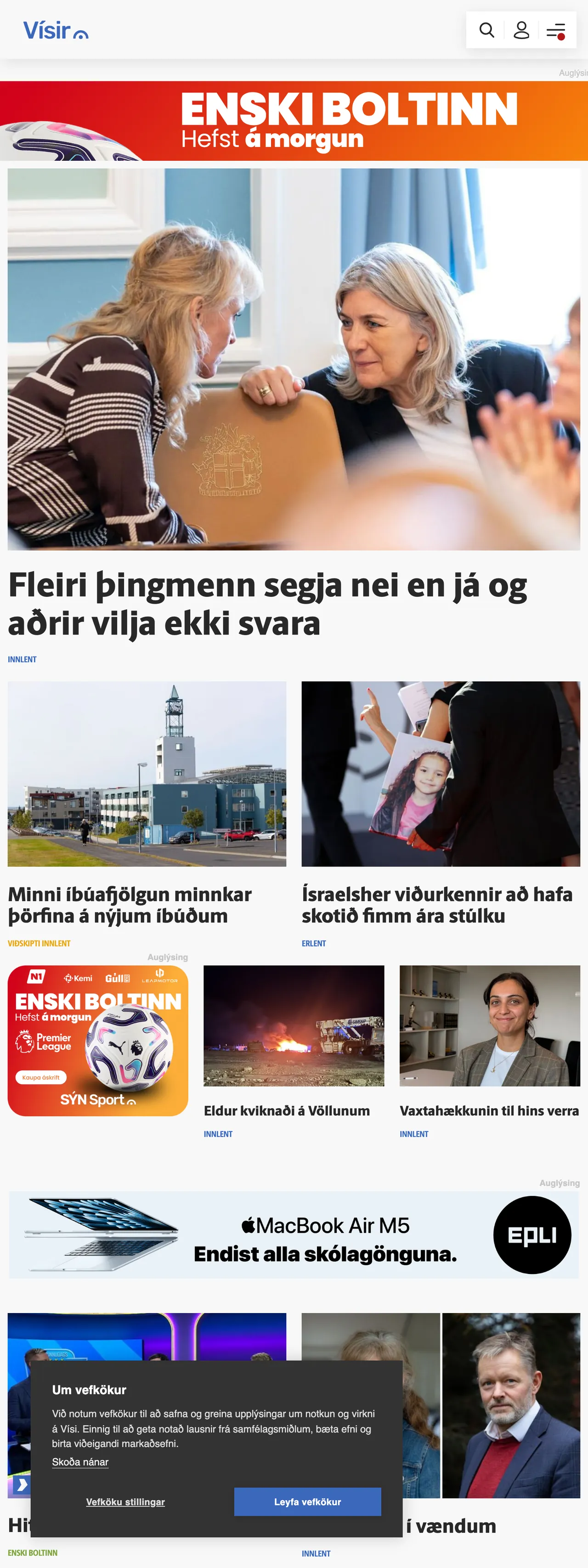 Screenshot of the Vísir front page