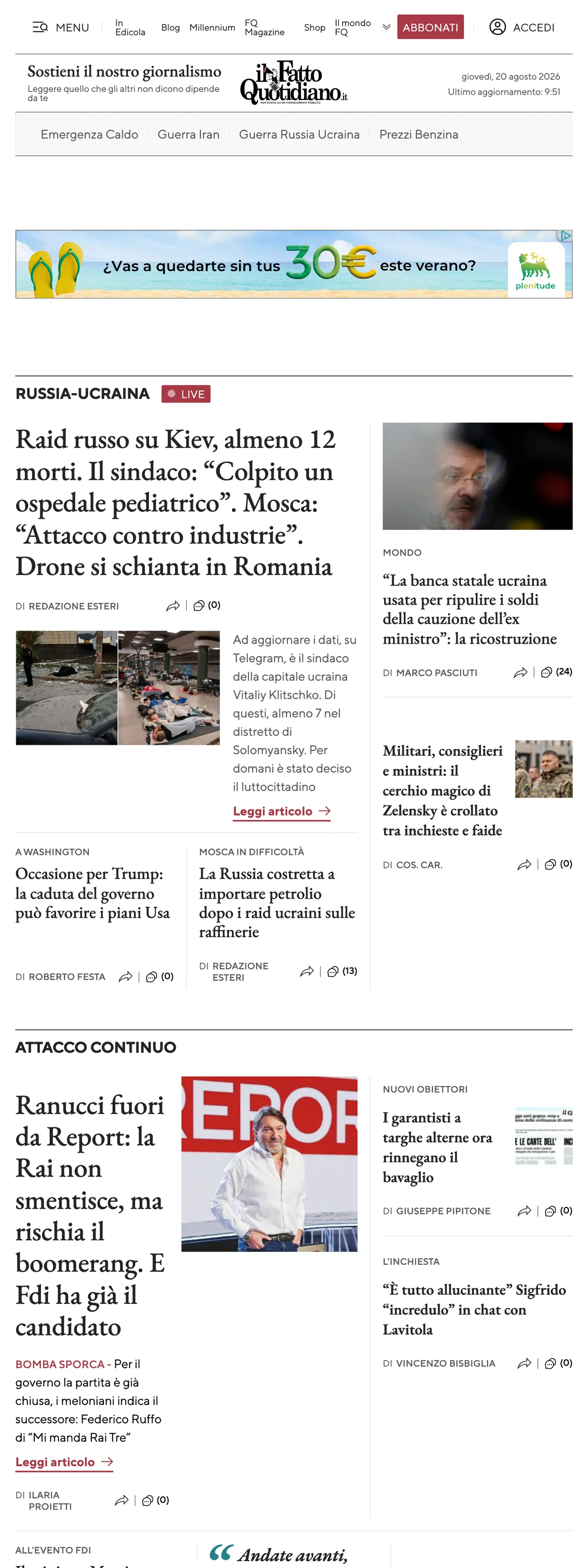 Screenshot of the Il Fatto Quotidiano front page
