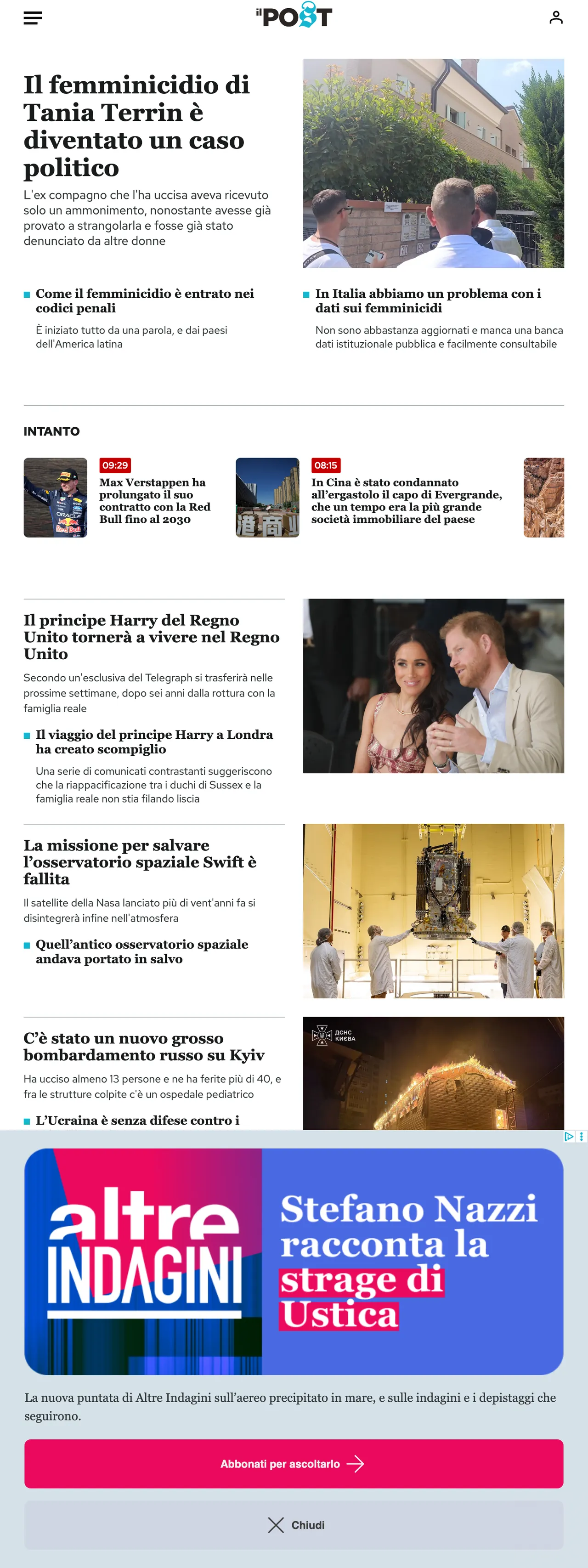 Screenshot of the Il Post front page