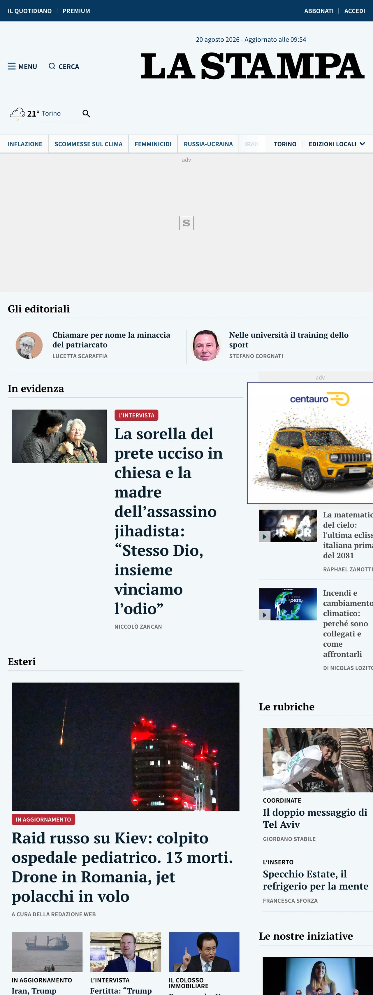 Screenshot of the La Stampa front page