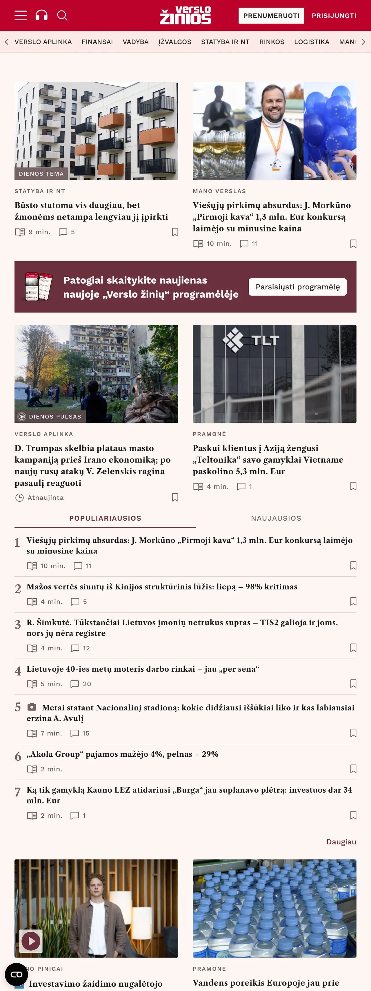 Screenshot of the Verslo žinios front page