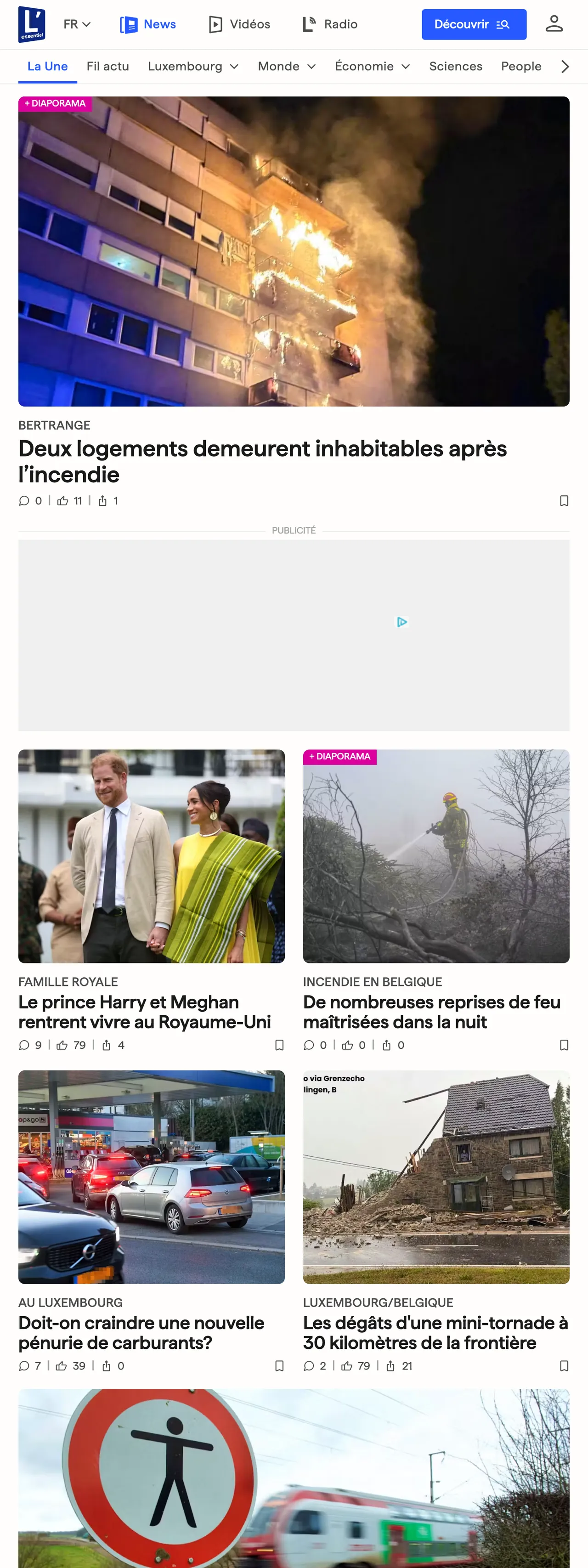 Screenshot of the L'essentiel front page