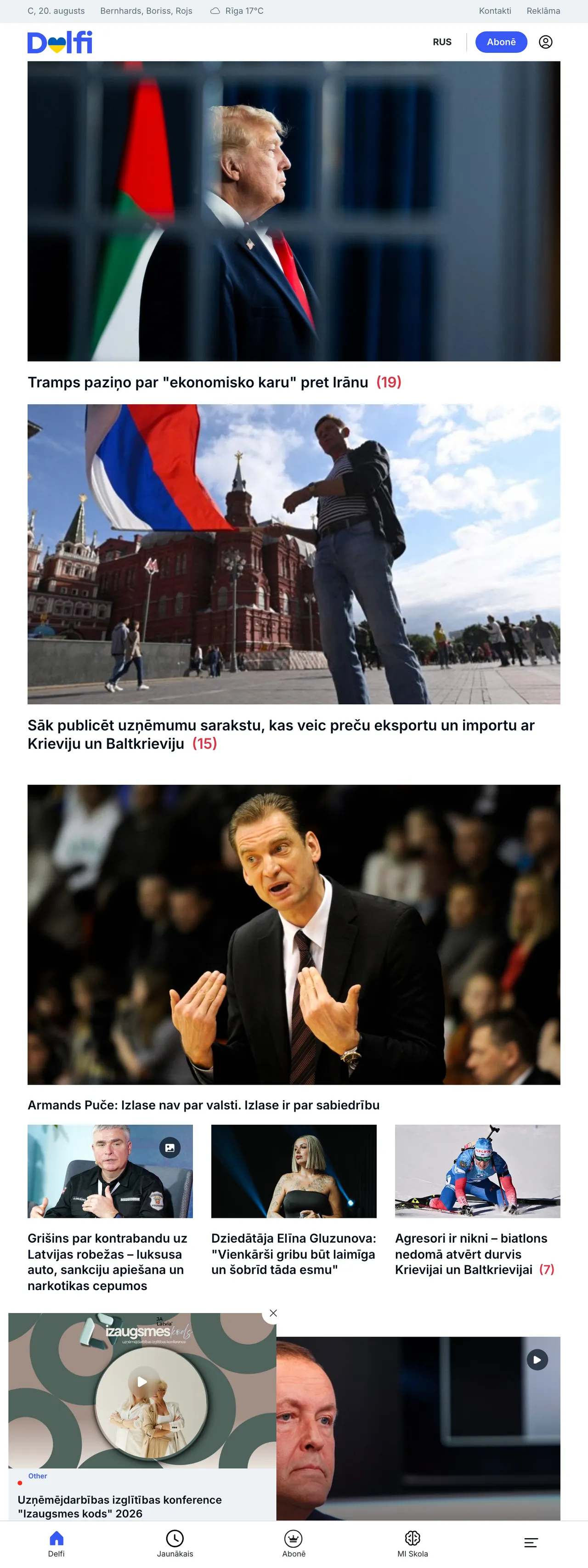 Screenshot of the Delfi front page