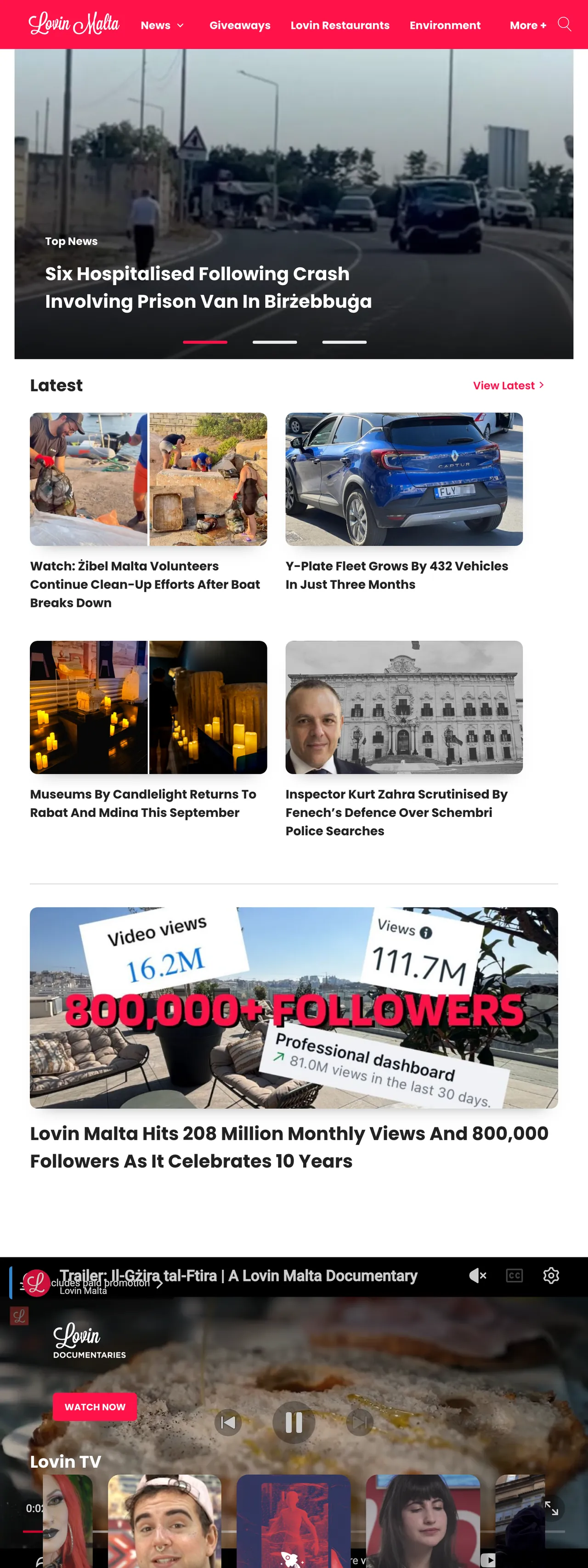 Screenshot of the Lovin Malta front page