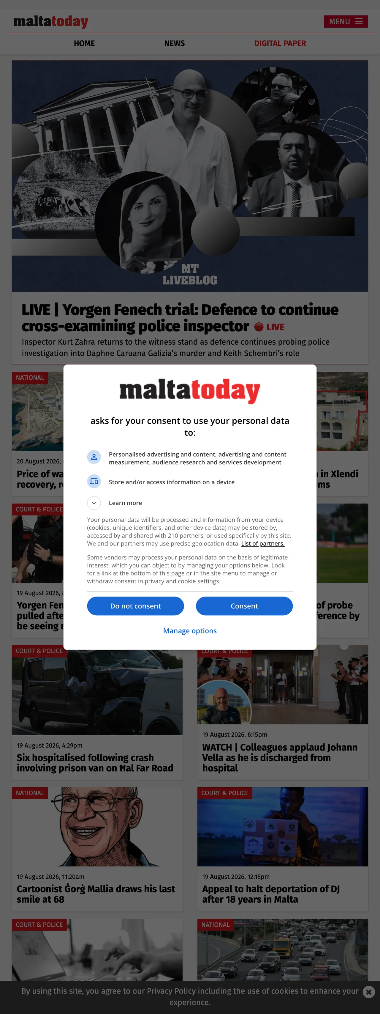 Screenshot of the Malta Today front page