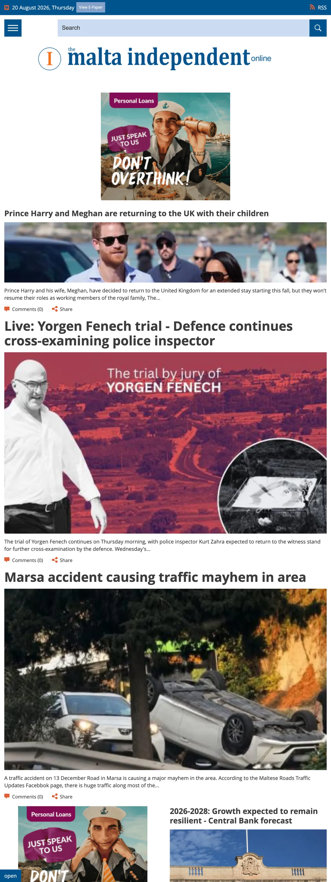 Screenshot of the The Malta Independent front page