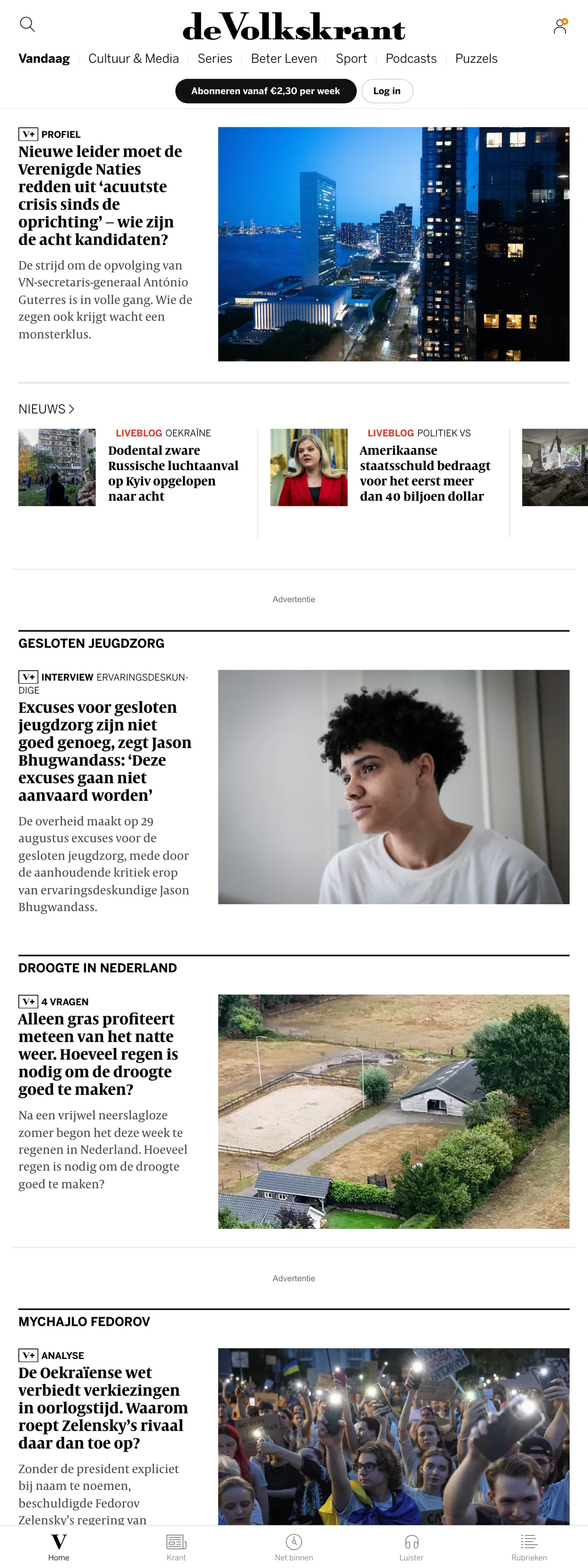 Screenshot of the de Volkskrant front page