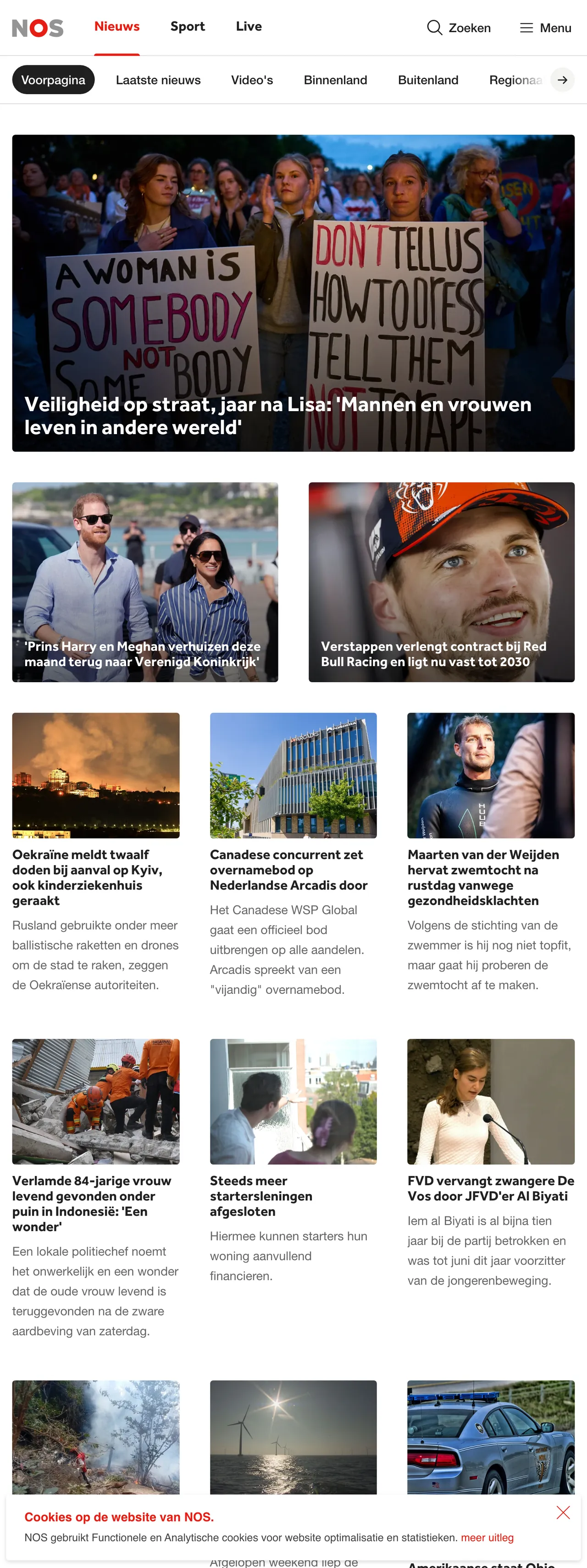 Screenshot of the NOS front page