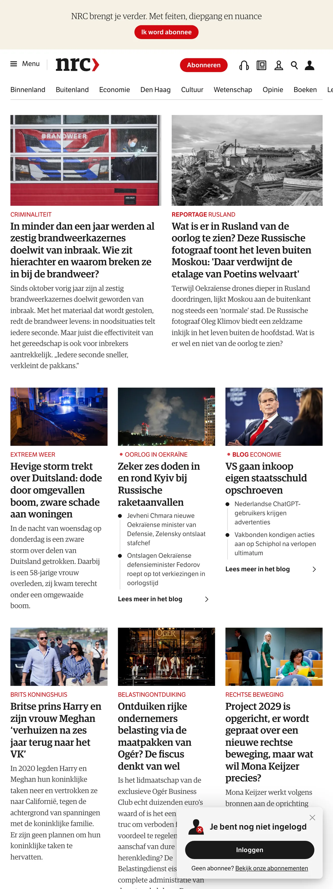 Screenshot of the NRC front page