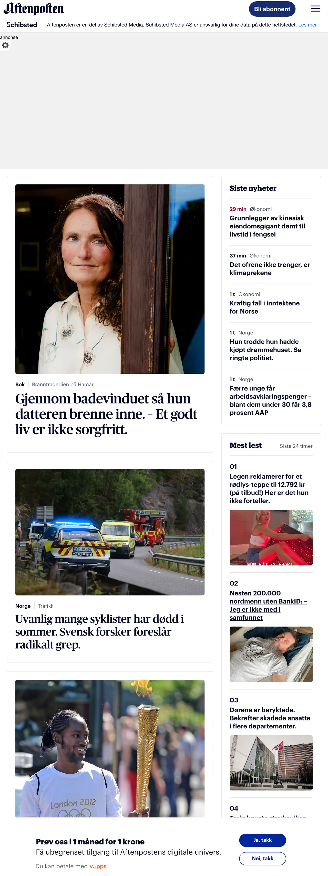 Screenshot of the Aftenposten front page