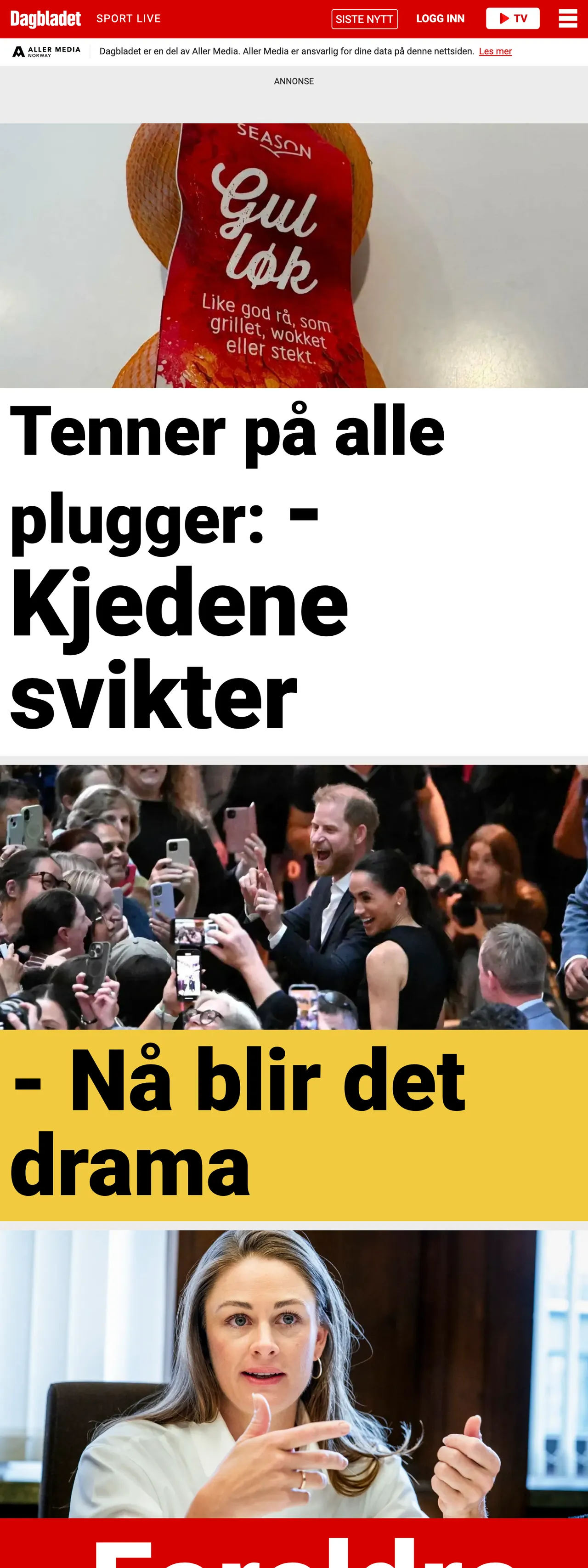 Screenshot of the Dagbladet front page