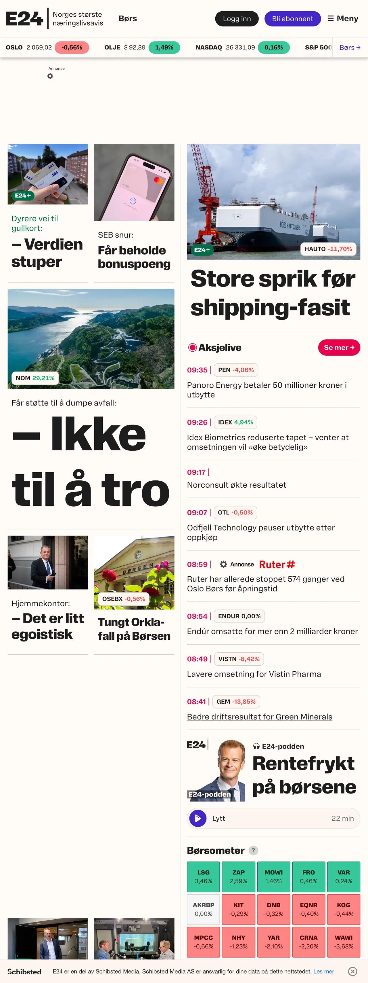 Screenshot of the E24 front page