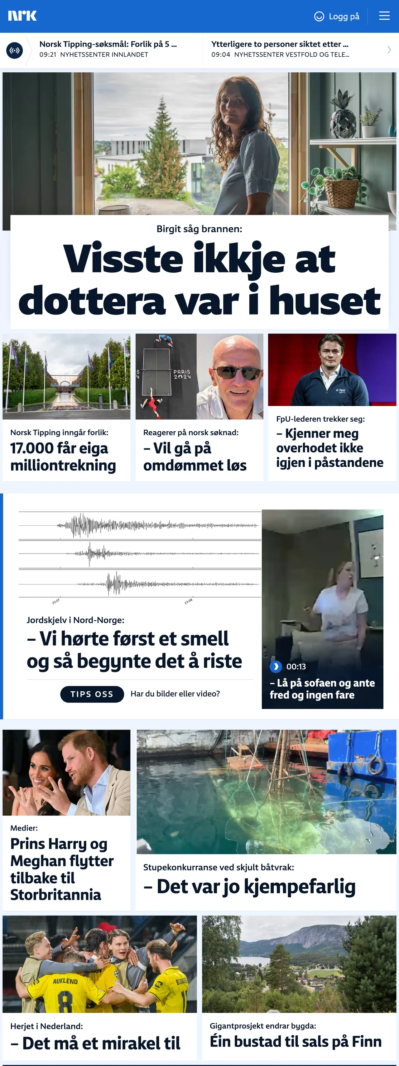 Screenshot of the NRK front page
