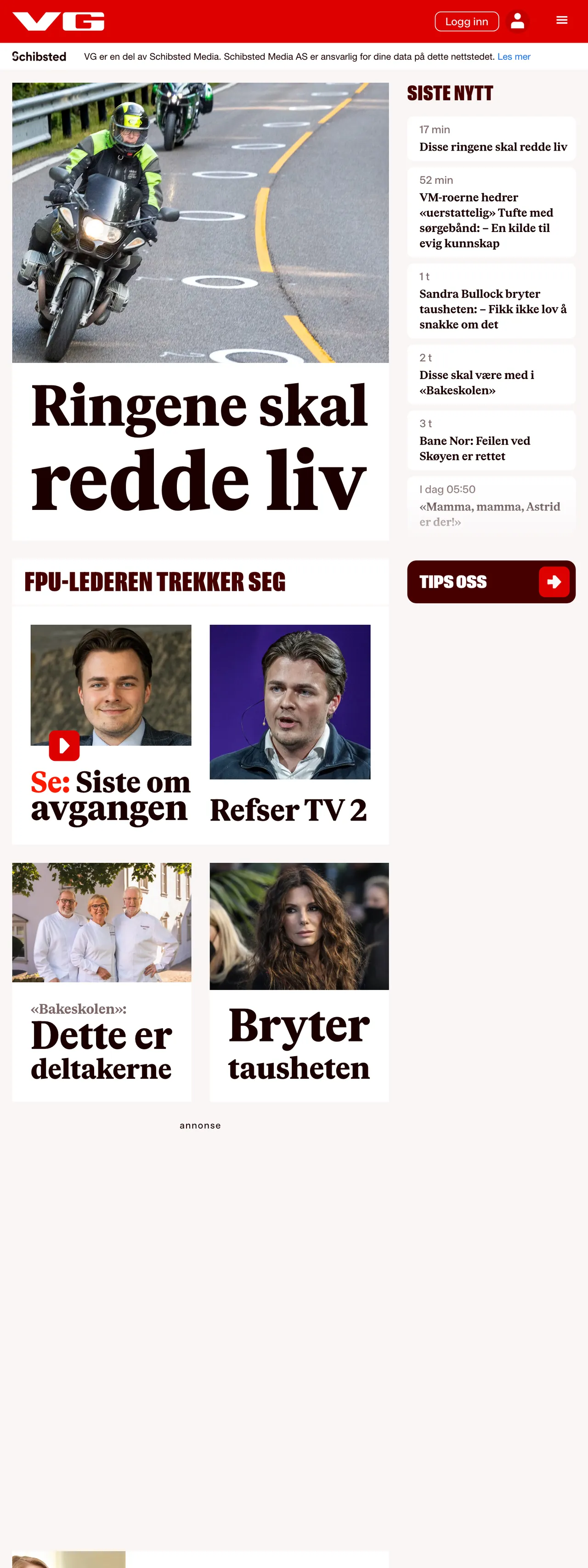 Screenshot of the VG front page