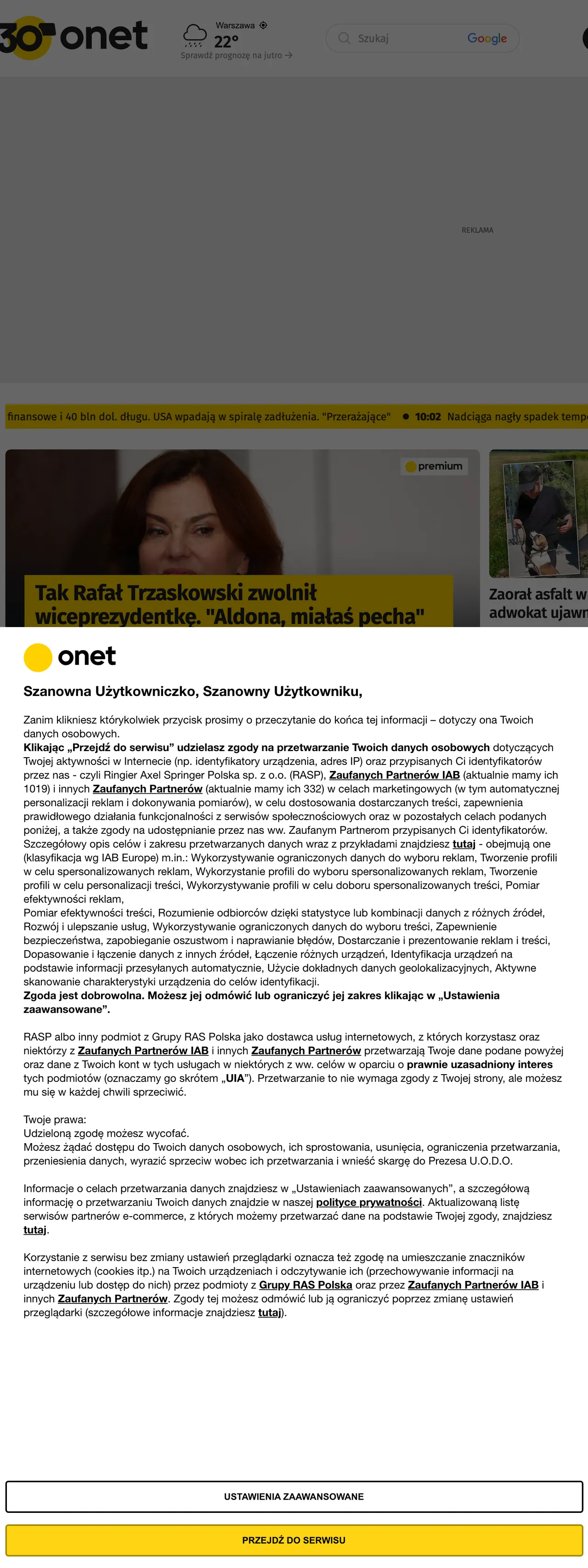 Screenshot of the Onet front page